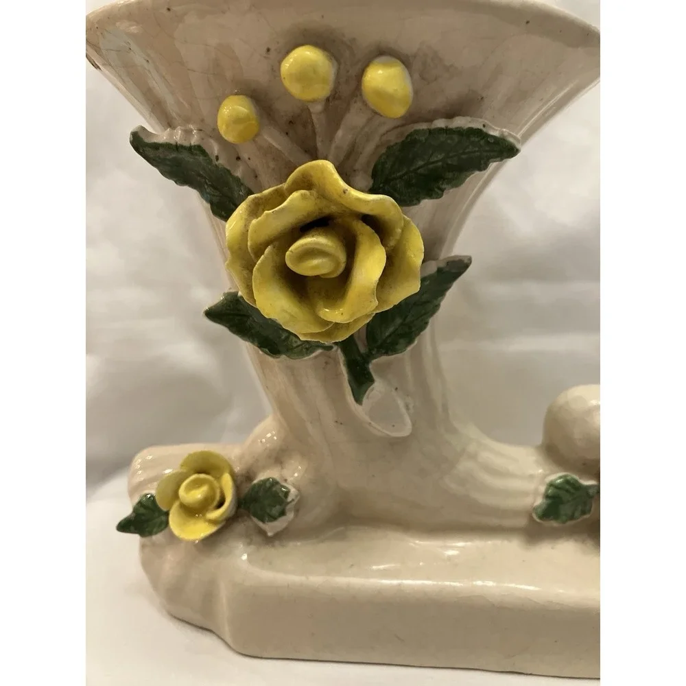 Vintage American Bisque Pottery Copley Style Ivory Cream Vase Yellow Open Rose